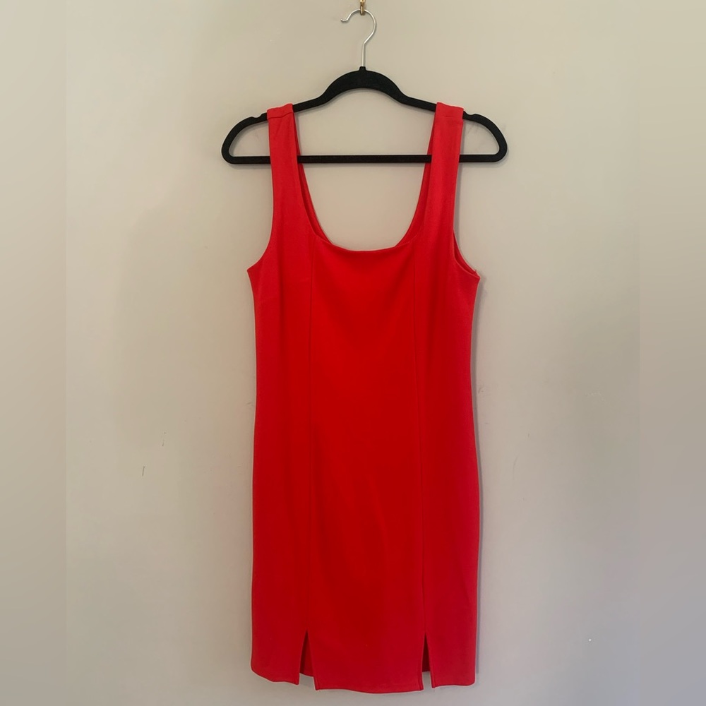 Vibrant and Soft Red Dress. Trendy square neck and thick straps for comfort.
